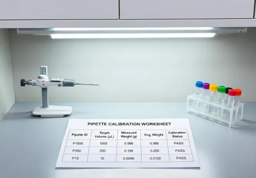 Analytical bench with pipette calibration worksheet