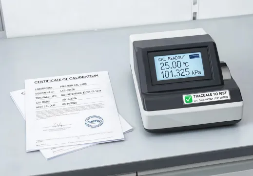 Calibration documents beside laboratory instrument