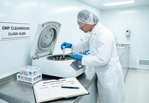 Scientist using centrifuge in GMP style laboratory
