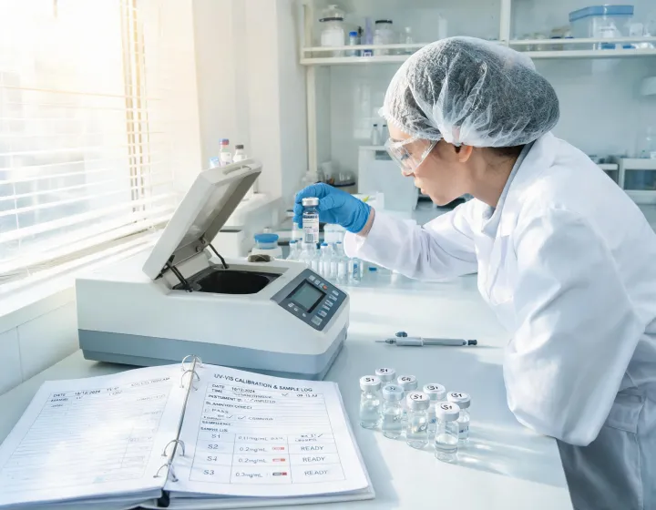 Scientist preparing UV-Vis spectrophotometer samples with a calibration log