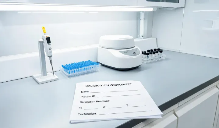Pipette and centrifuge workflow on analytical laboratory bench